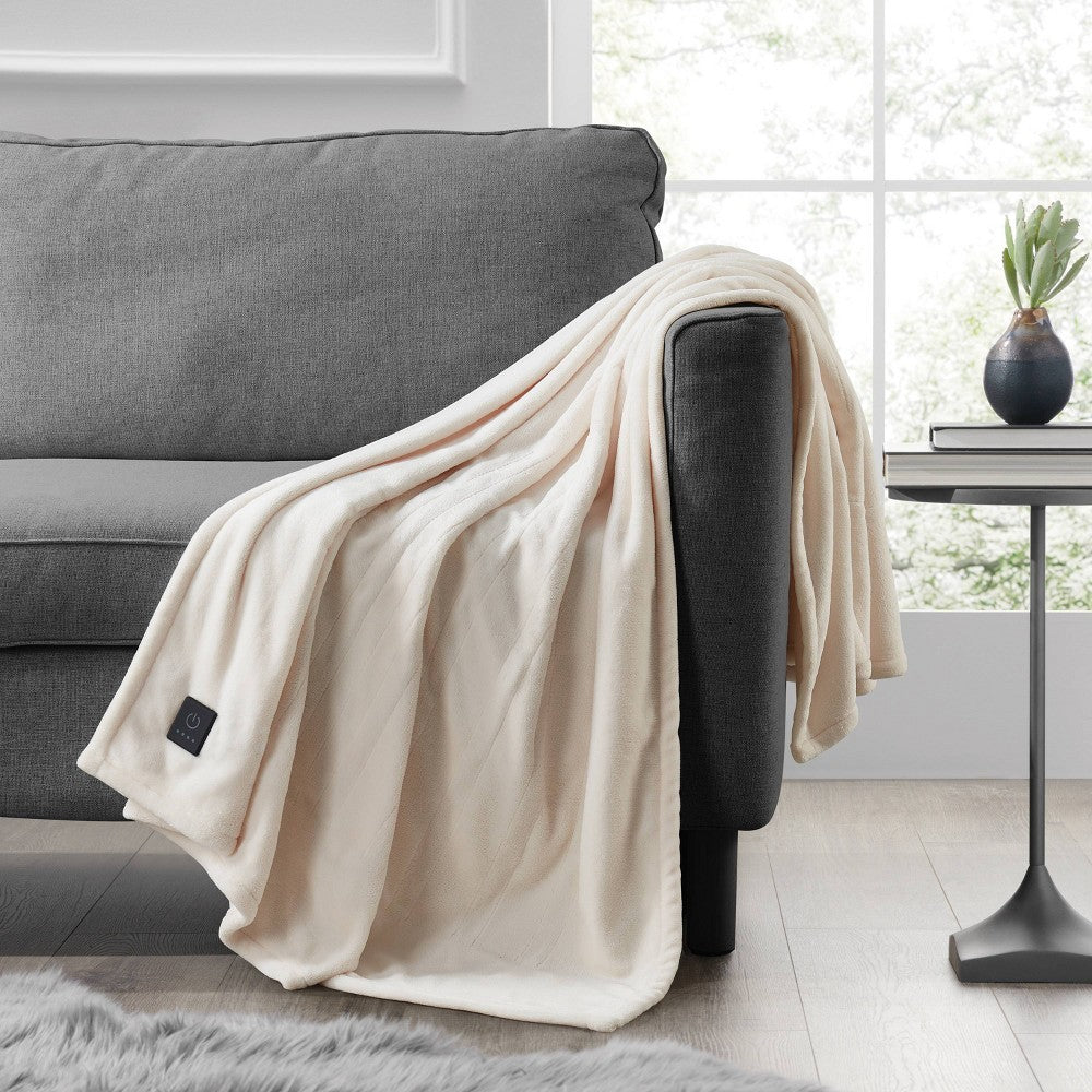 Brookstone Heated Solid Plush Throw Ivory - *Bedding