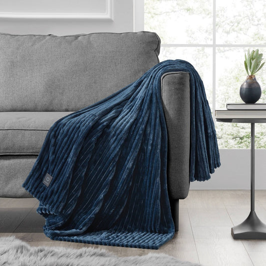 Brookstone Heated Solid Ribbed Plush Throw Navy