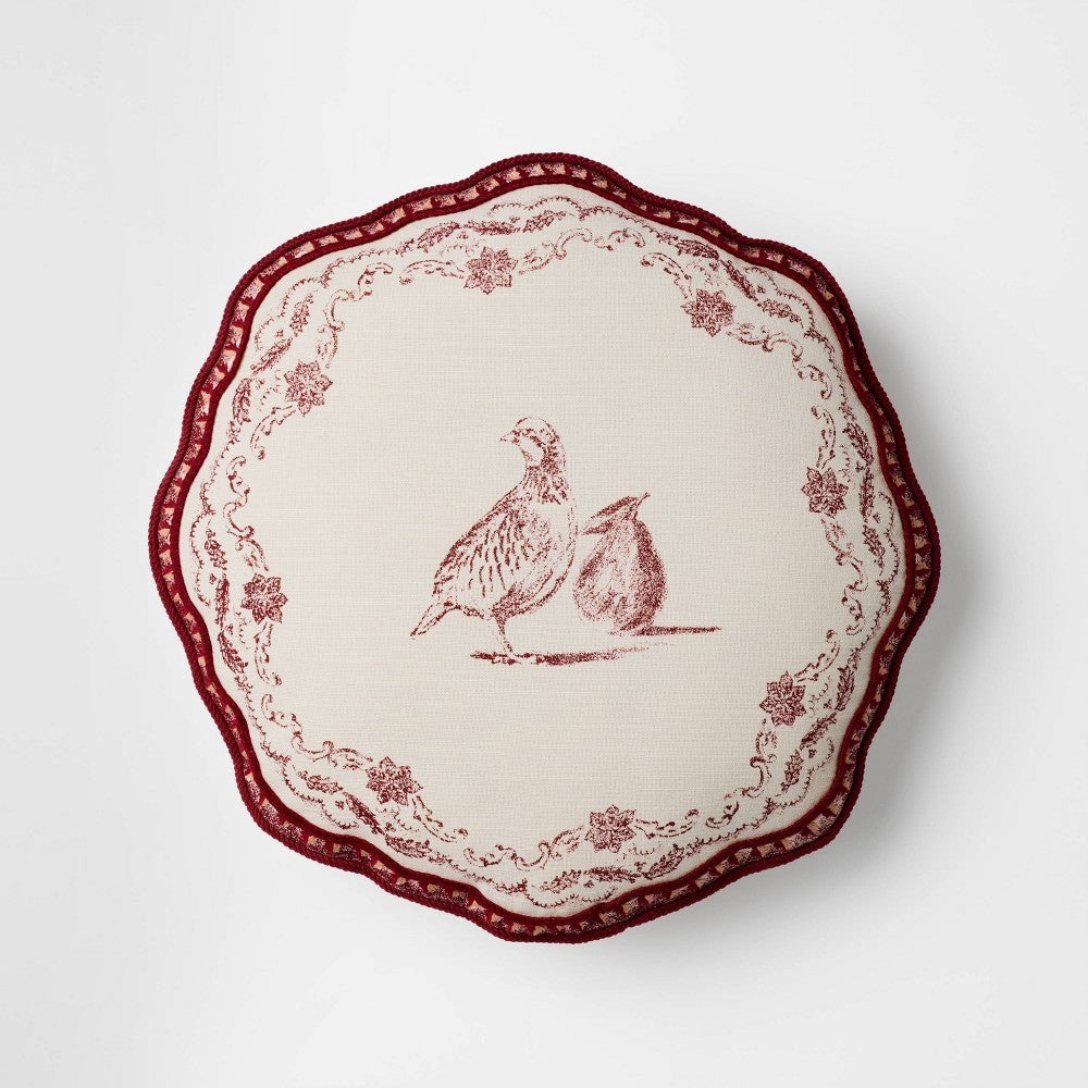 Cream and Burgundy Partridge Pillow - 16"R X 2"D - Threshold™ Designed with Studio McGee