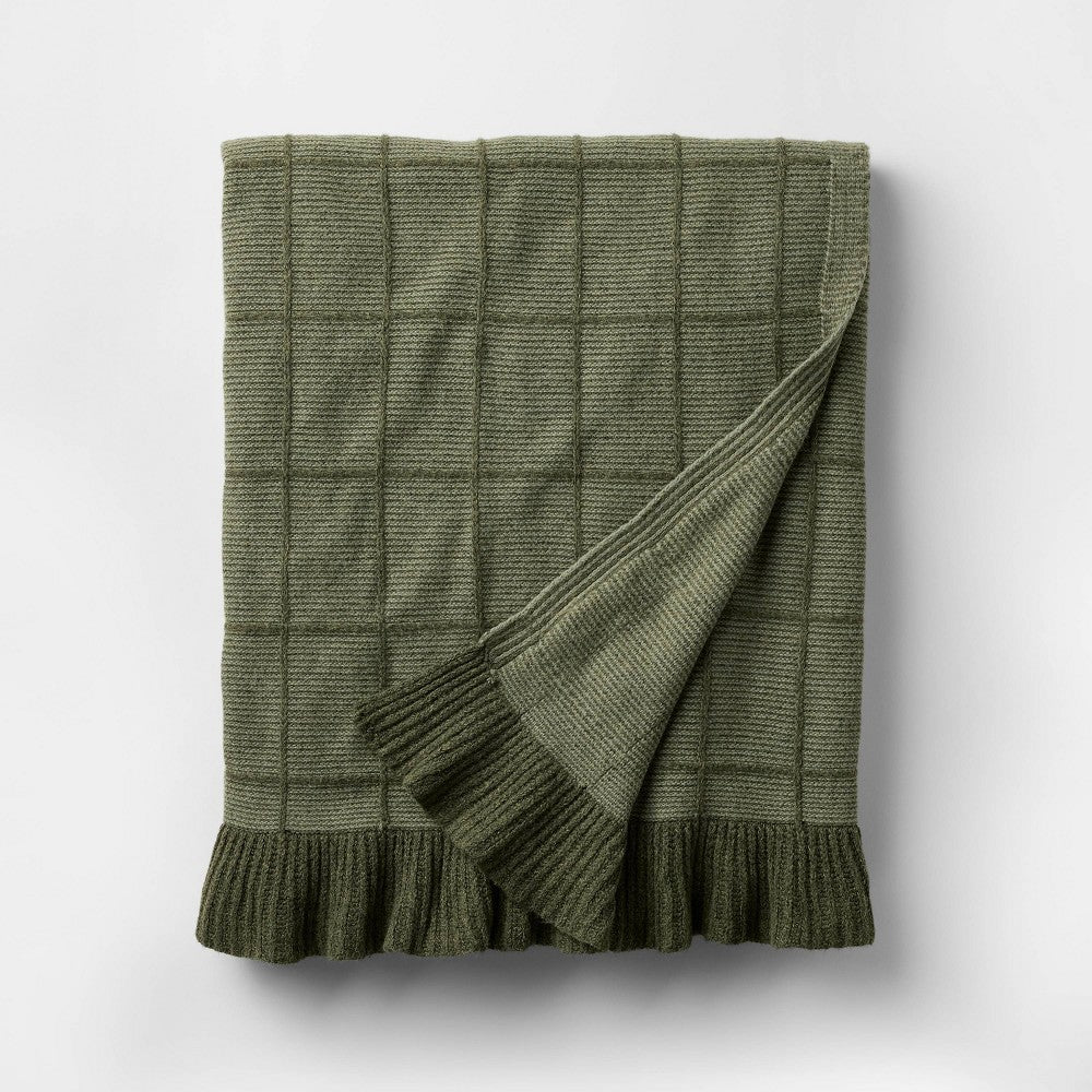 50’’x60’’ Windowpane Plaid with Ruffle Throw Blanket Green - Threshold™ Designed with Studio McGee - *Bedding