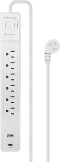 Insignia™ - 6-Outlet / 1-USB-C / 1-USB 1,800 Joules Surge Protector Strip with 6 ft. Power Cord - White - *Lighting &