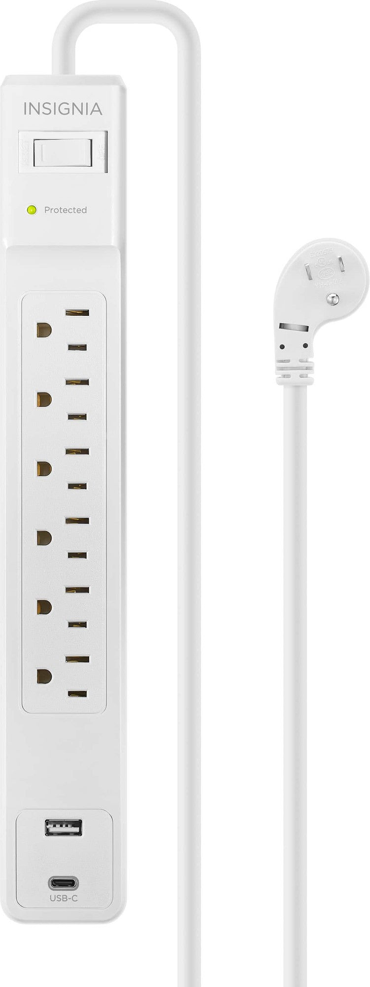 Insignia™ - 6-Outlet / 1-USB-C / 1-USB 1,800 Joules Surge Protector Strip with 6 ft. Power Cord - White - *Lighting &