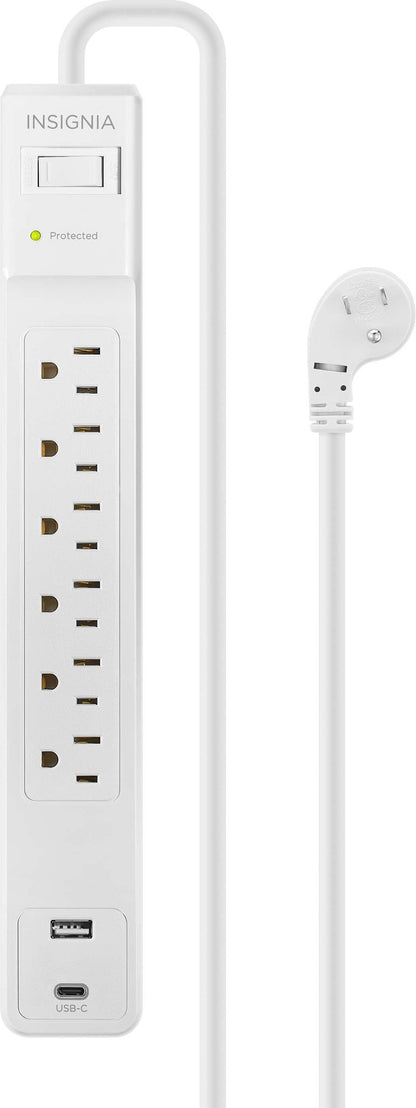 Insignia™ - 6-Outlet / 1-USB-C / 1-USB 1,800 Joules Surge Protector Strip with 6 ft. Power Cord - White - *Lighting &