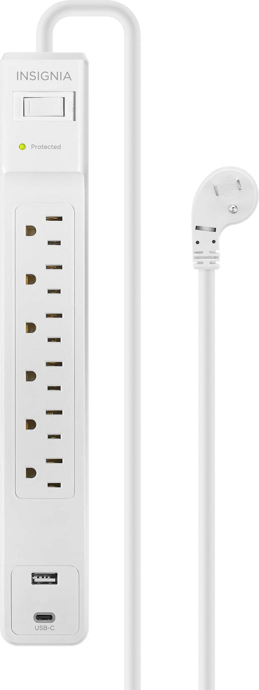 Insignia™ - 6-Outlet / 1-USB-C / 1-USB 1,800 Joules Surge Protector Strip with 6 ft. Power Cord - White