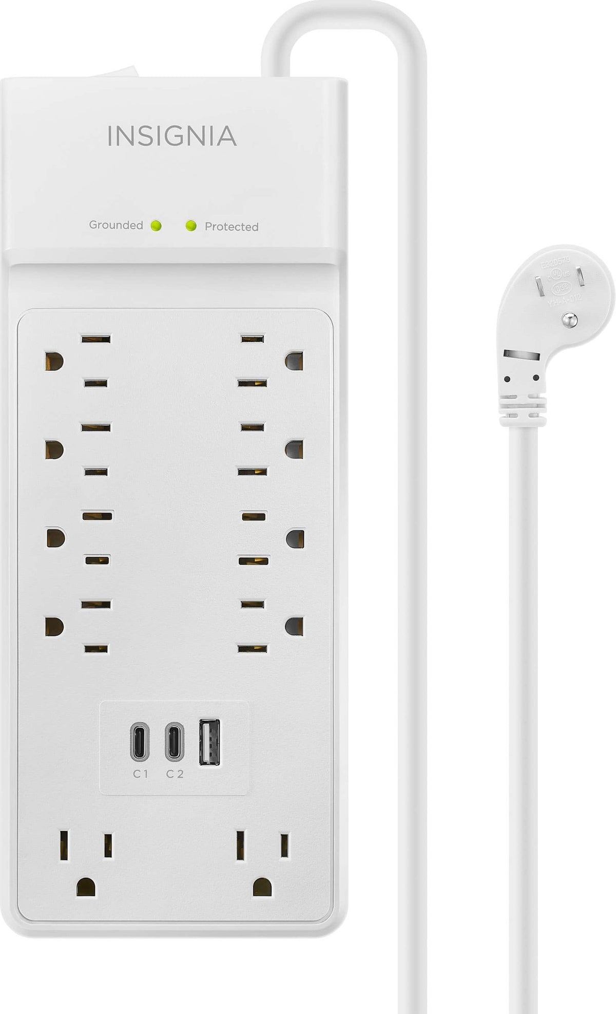 Insignia™ - 10-Outlet / 2-USB-C / 1-USB 2,400 Joules Surge Protector Strip with 6 ft. Power Cord - White - *Lighting &
