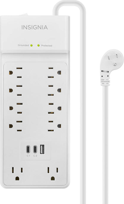 Insignia™ - 10-Outlet / 2-USB-C / 1-USB 2,400 Joules Surge Protector Strip with 6 ft. Power Cord - White - *Lighting &