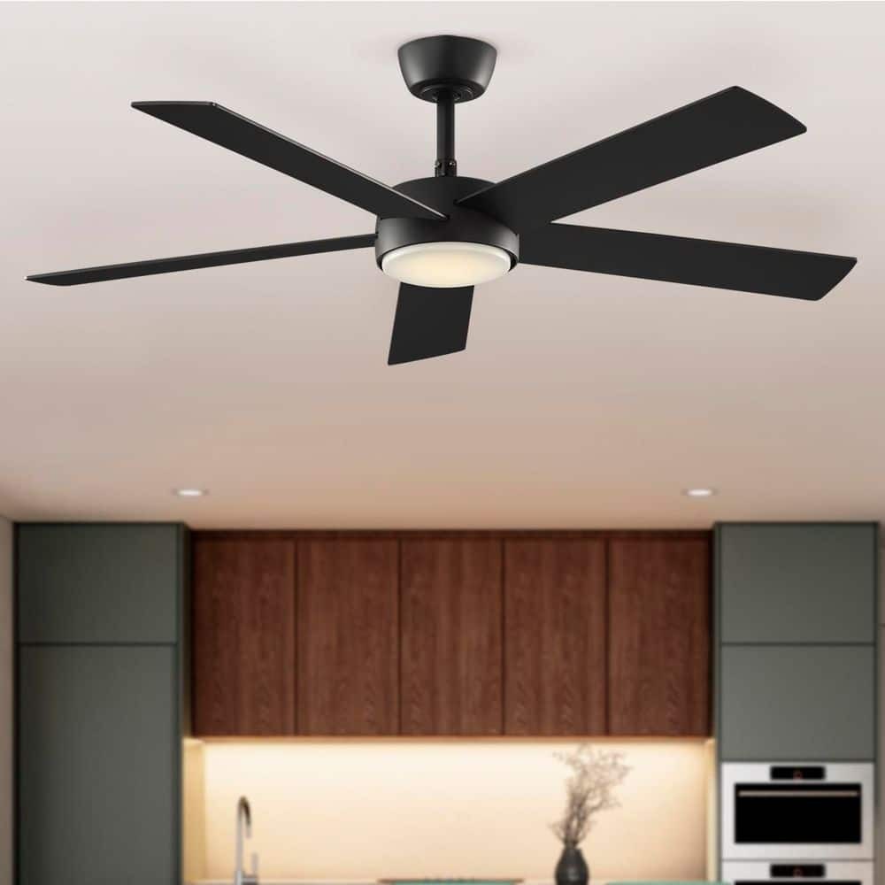Benning 52 in. Indoor Matte Black Downrod Mount Ceiling Fan with Adjustable White Light LED and Remote Control Included