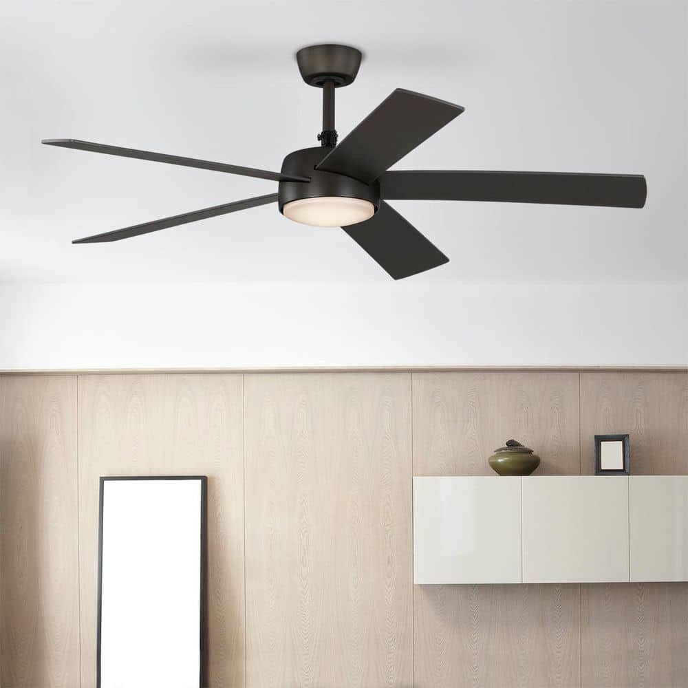 Benning 52 in. Flat Bronze Downrod Standard Ceiling Fan with White Adjustable LED Light, DC Motor, and Remote Control
