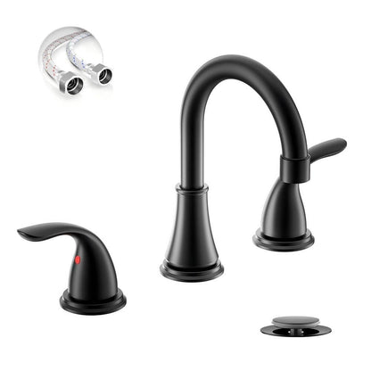 Matte Black 8 in. 3-Hole Widespread Bathroom Faucet, 2-Handle Modern Vanity Faucet with Metal Pop up Drain
