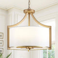 6-Light Matte Shine Gold Modern Drum Height Adjustable Chandelier with White Fabric Shade for Kitchen Living Room Foyer