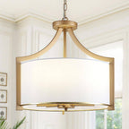 6-Light Matte Shine Gold Modern Drum Height Adjustable Chandelier with White Fabric Shade for Kitchen Living Room Foyer