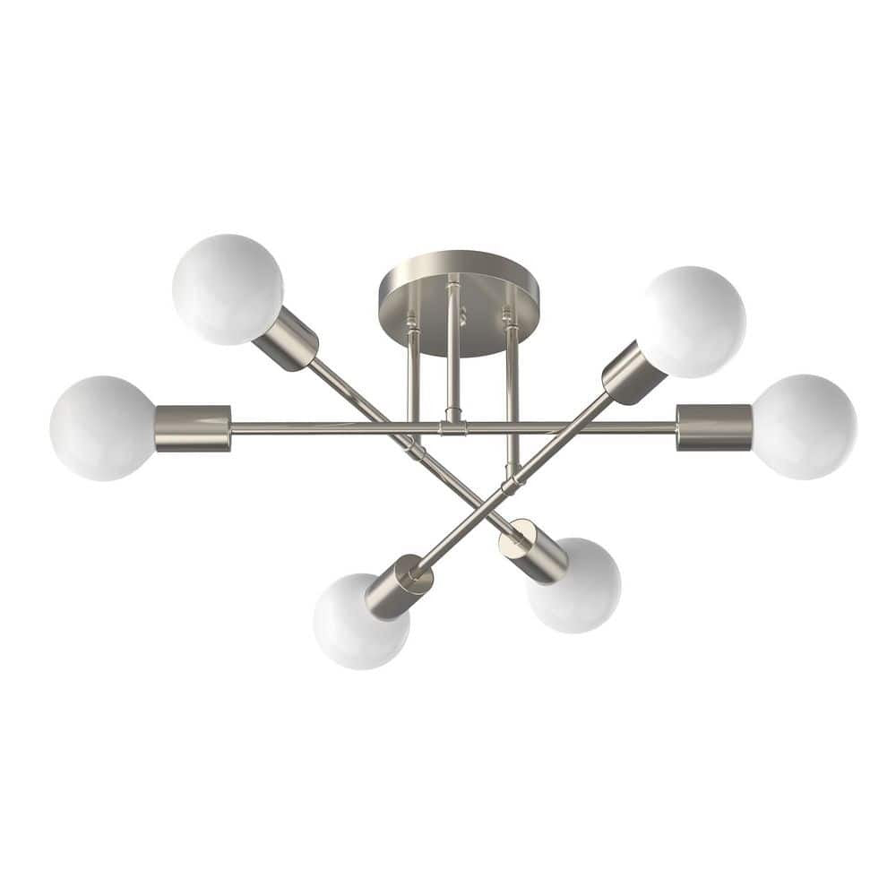 Briignite 16 in. 6-Light Modern Nickel Linear Semi-Flush Mount Sputnik Ceiling Light Fixture for Dining Room, Kitchen, Bedroom