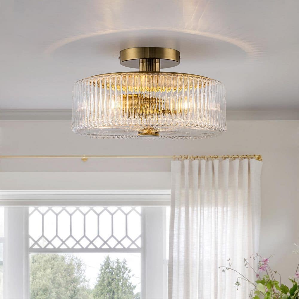 Kost 14 in. 3-Light Gold Modern Semi Flush Mount Ceiling Light with Ribbed Glass