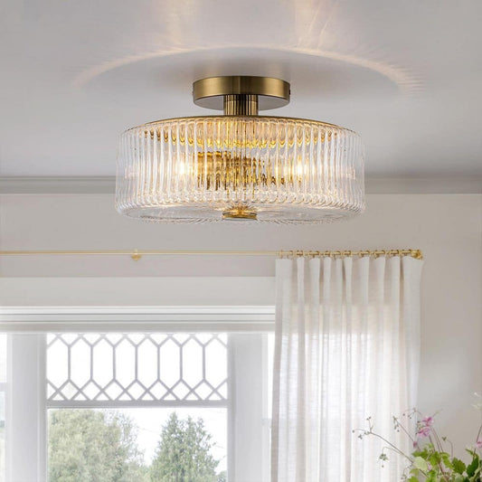 Kost 14 in. 3-Light Gold Modern Semi Flush Mount Ceiling Light with Ribbed Glass