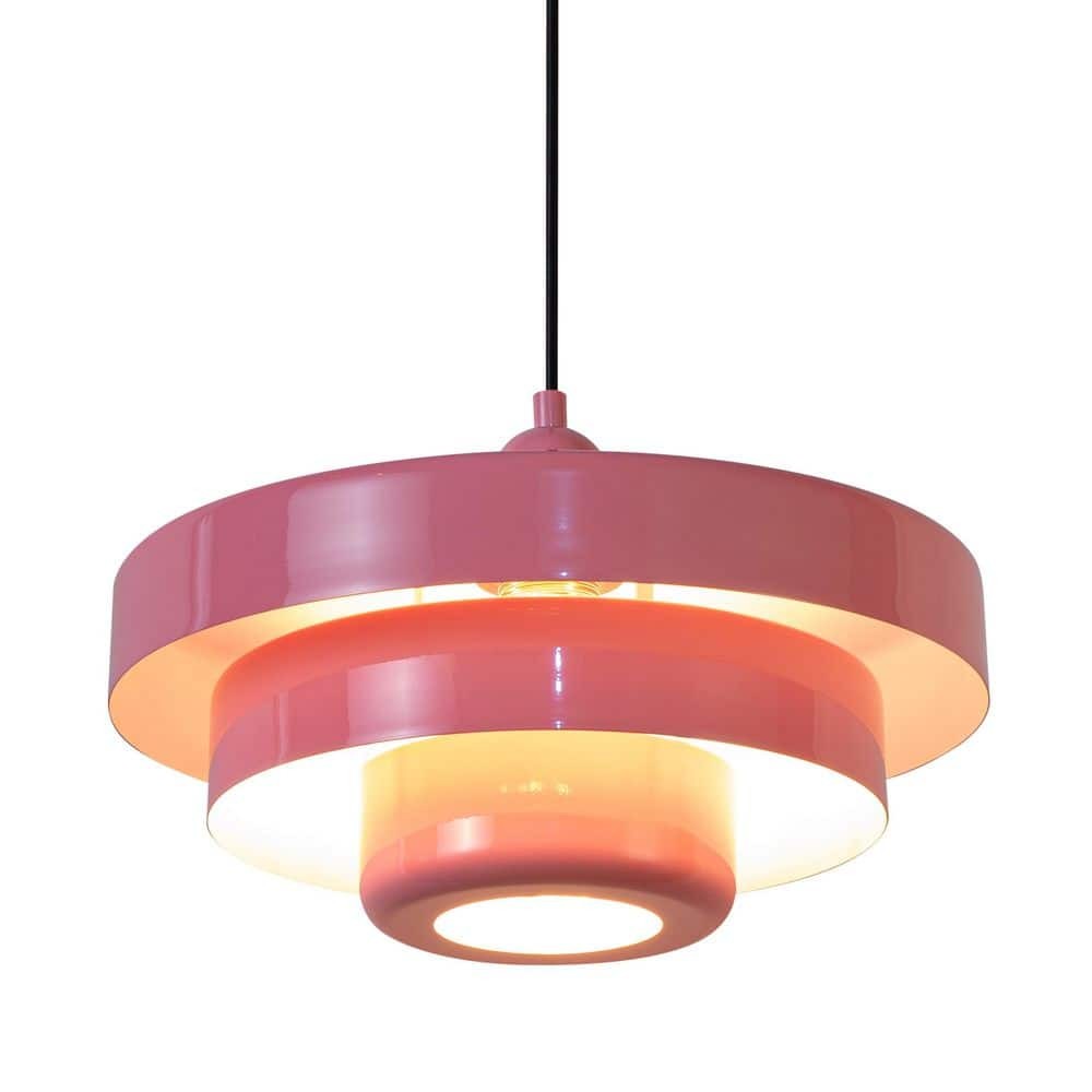 Modern 13.8 in. 1-Light Pink Dome Pendant Light with 3 Trays Metal Shade, Adjustable Height Chandelier, E26 Base