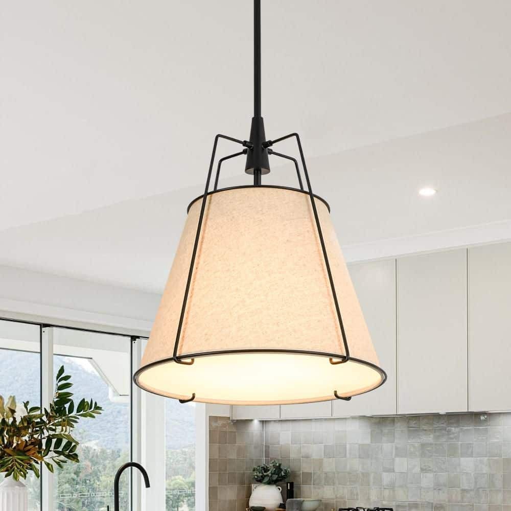 Haven Modern Farmhouse 15 in.W 4-Light Matte Black Frame Pendant Light with Beige Fabric Shade for Hallway or Kitchen