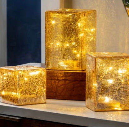 Used See Desc Evergreen LED Glass Cube Towers Gold Crackle Finish 3 Hand-Blown