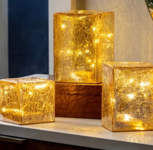 Used See Desc Evergreen LED Glass Cube Towers Gold Crackle Finish 3 Hand-Blown