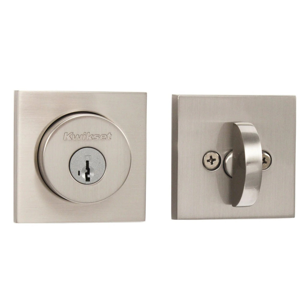 Kwikset 158SQT-15S.STRKP Halifax Square Rose Single Cylinder Deadbolt SmartKey with 6AL Latch and STRKP Strike Pack which includes Square Corner, Round Corner and 5303 Round Corner Full Lip Strikes KA3 Satin Nickel Finish