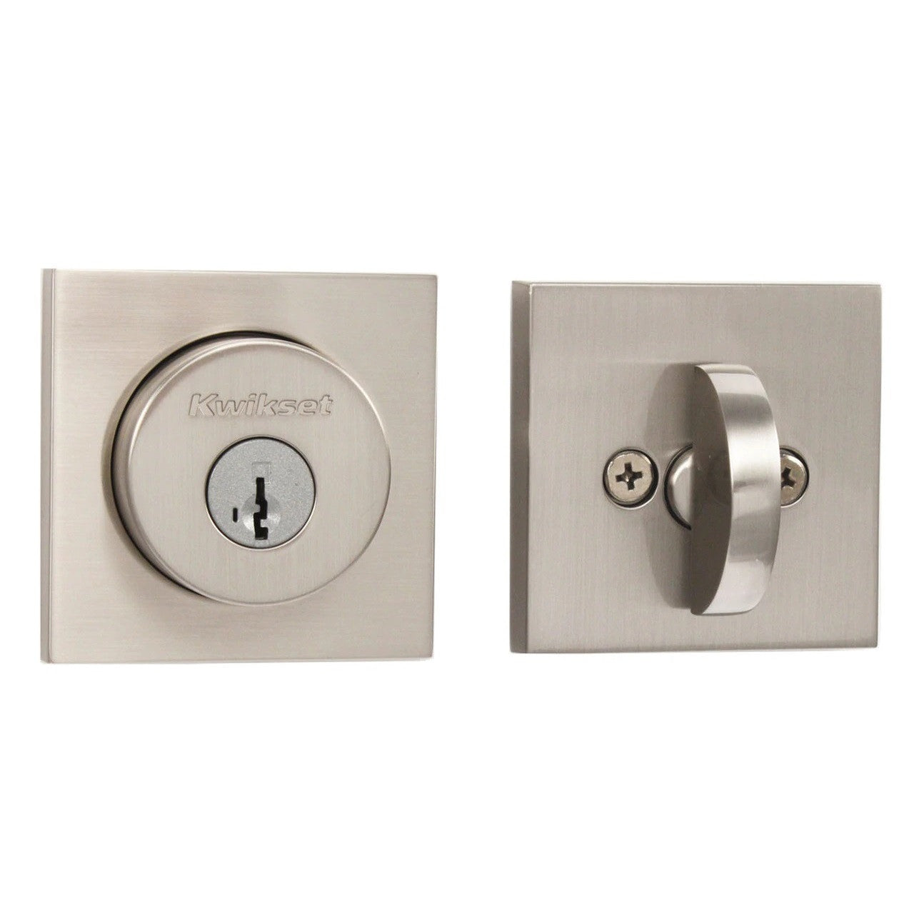 Kwikset 158SQT-15S.STRKP Halifax Square Rose Single Cylinder Deadbolt SmartKey with 6AL Latch and STRKP Strike Pack which includes Square Corner, Round Corner and 5303 Round Corner Full Lip Strikes KA3 Satin Nickel Finish