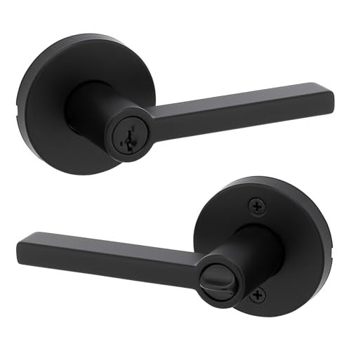 Kwikset Halifax Entry Door Handle with Lock and Key, Secure Round Keyed Reversible Lever Exterior, for Front Entrance and Bedrooms, Matte Black