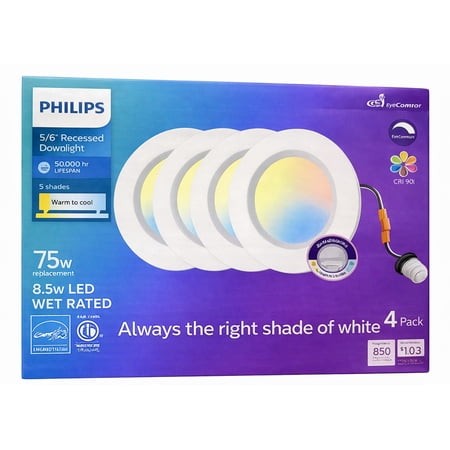 Philips 5/6" LED Recessed 4-Pack – Adjustable White (2700K–5000K), 75W Replacement, Fits 5” & 6” Cans
