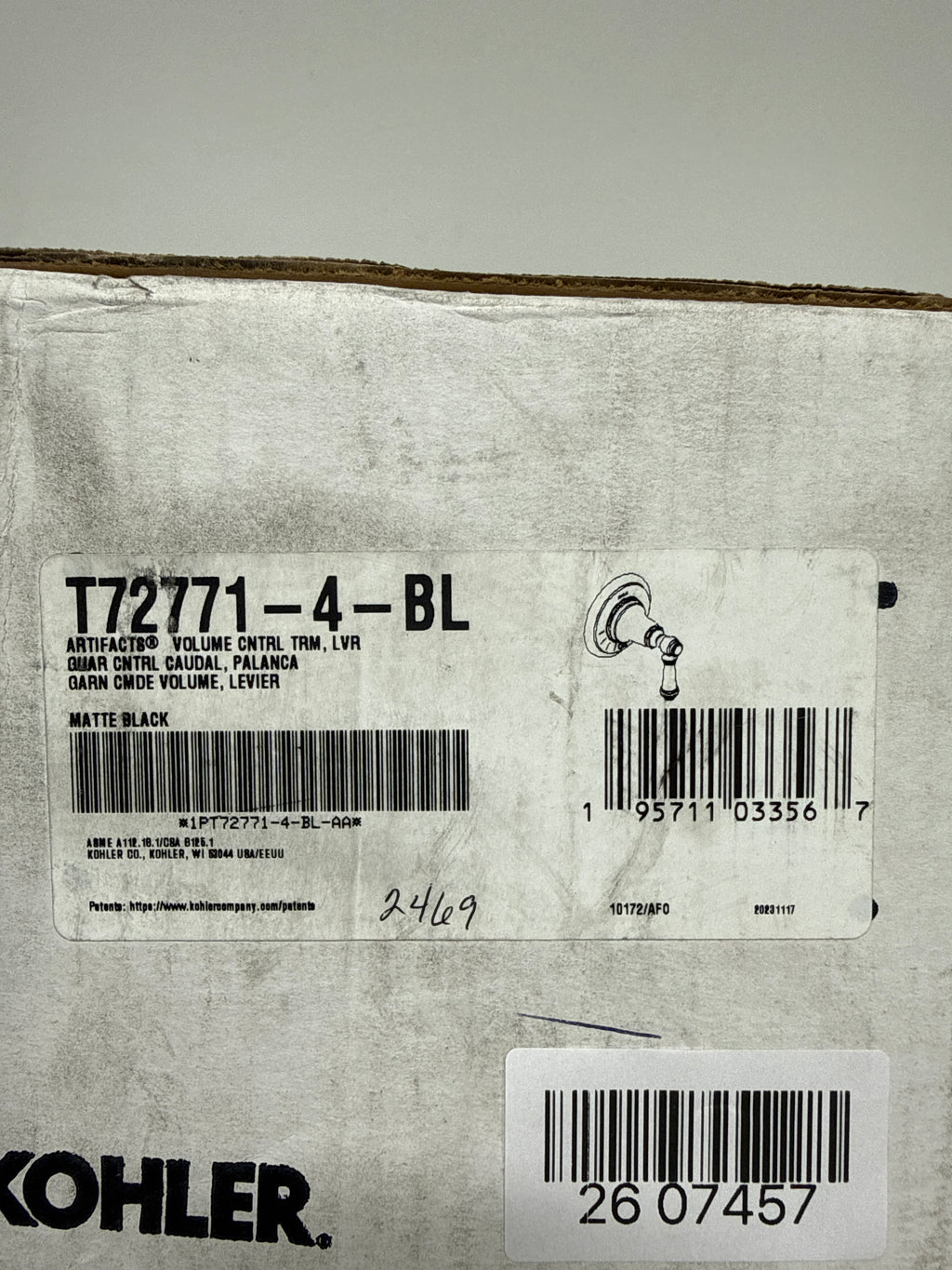 KOHLER T72771-4-BL Artifacts Mastershower Volume Control Valve Trim With Lever Handle, MATTE BLACK