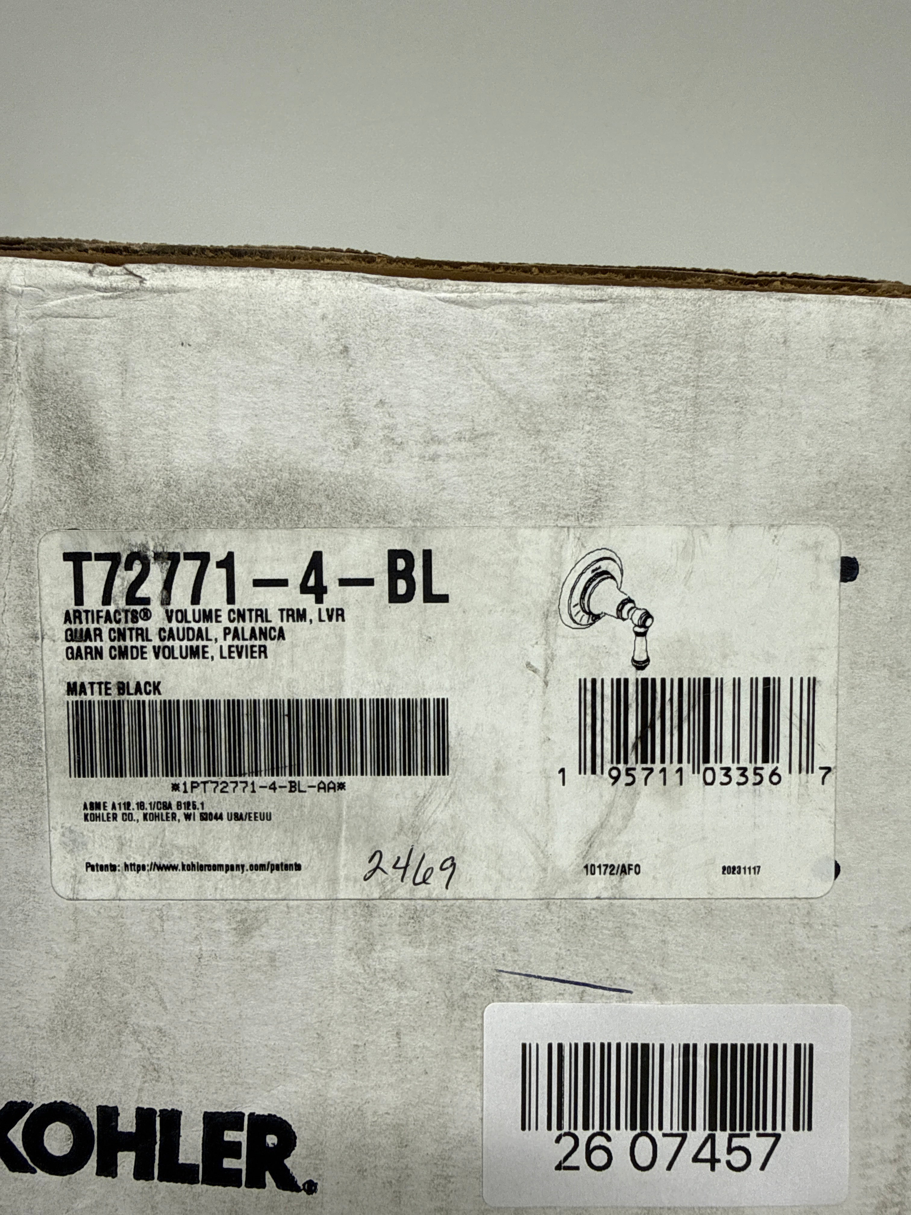 KOHLER T72771-4-BL Artifacts Mastershower Volume Control Valve Trim With Lever Handle, MATTE BLACK