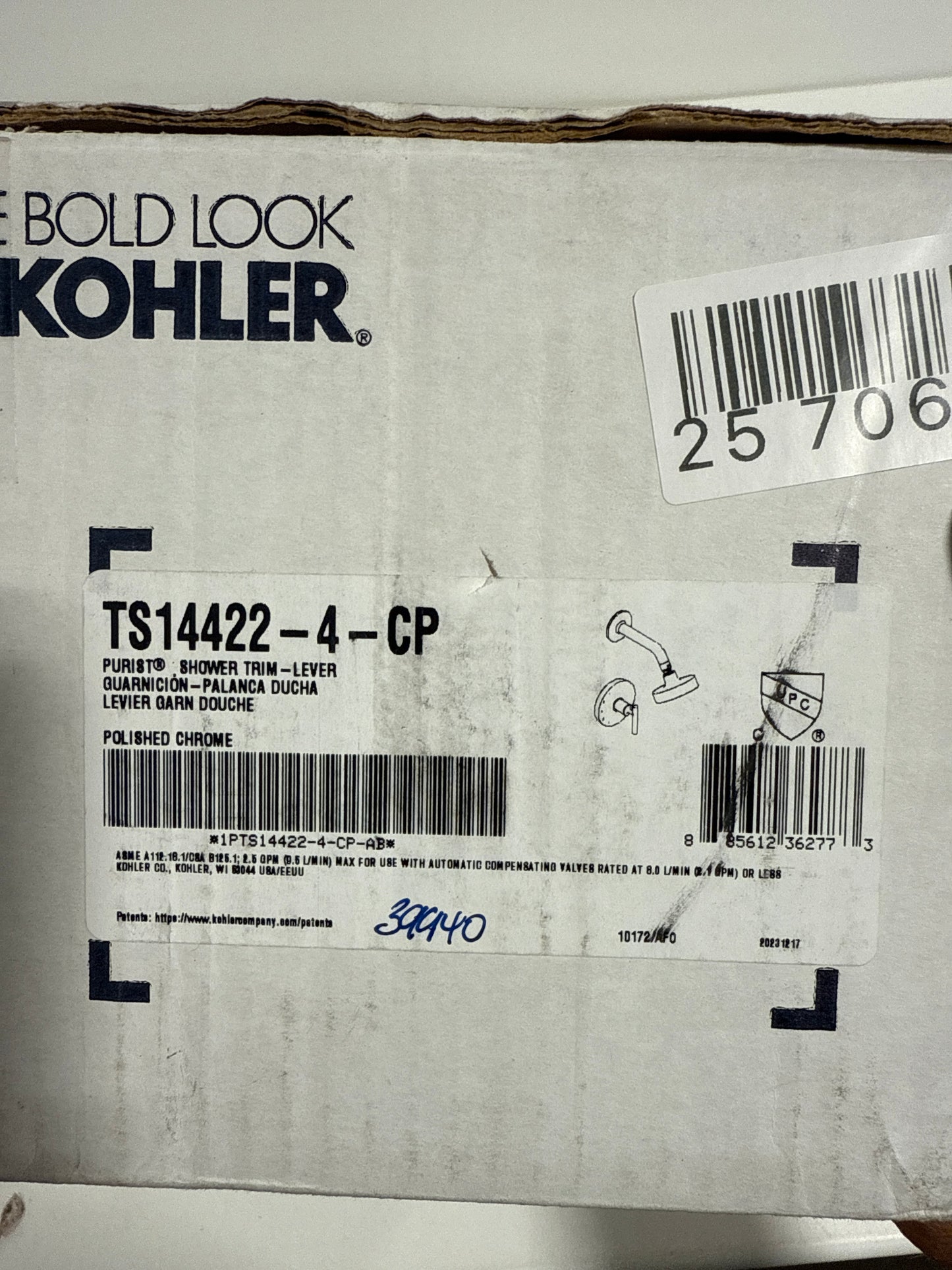 Scratch Kohler Purist Rite-Temp Shower Trim Kit with Lever Handle, 2.5 Gpm