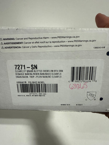 Kohler K-7271-SN 1-1/2" Slotted Overflow Bathtub Drain Nickel