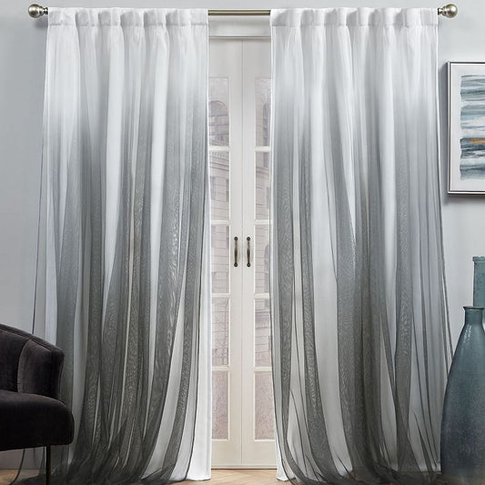 Crescendo Black Ombre Lined Room Darkening Hidden Tab / Rod Pocket Curtain, 52 in. W X 84 in. L (Set of 2)