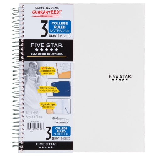 Five Star Spiral Notebook + Study App, 3 Subject, College Ruled Paper, 8-1/2" x 11", 150 Sheets
