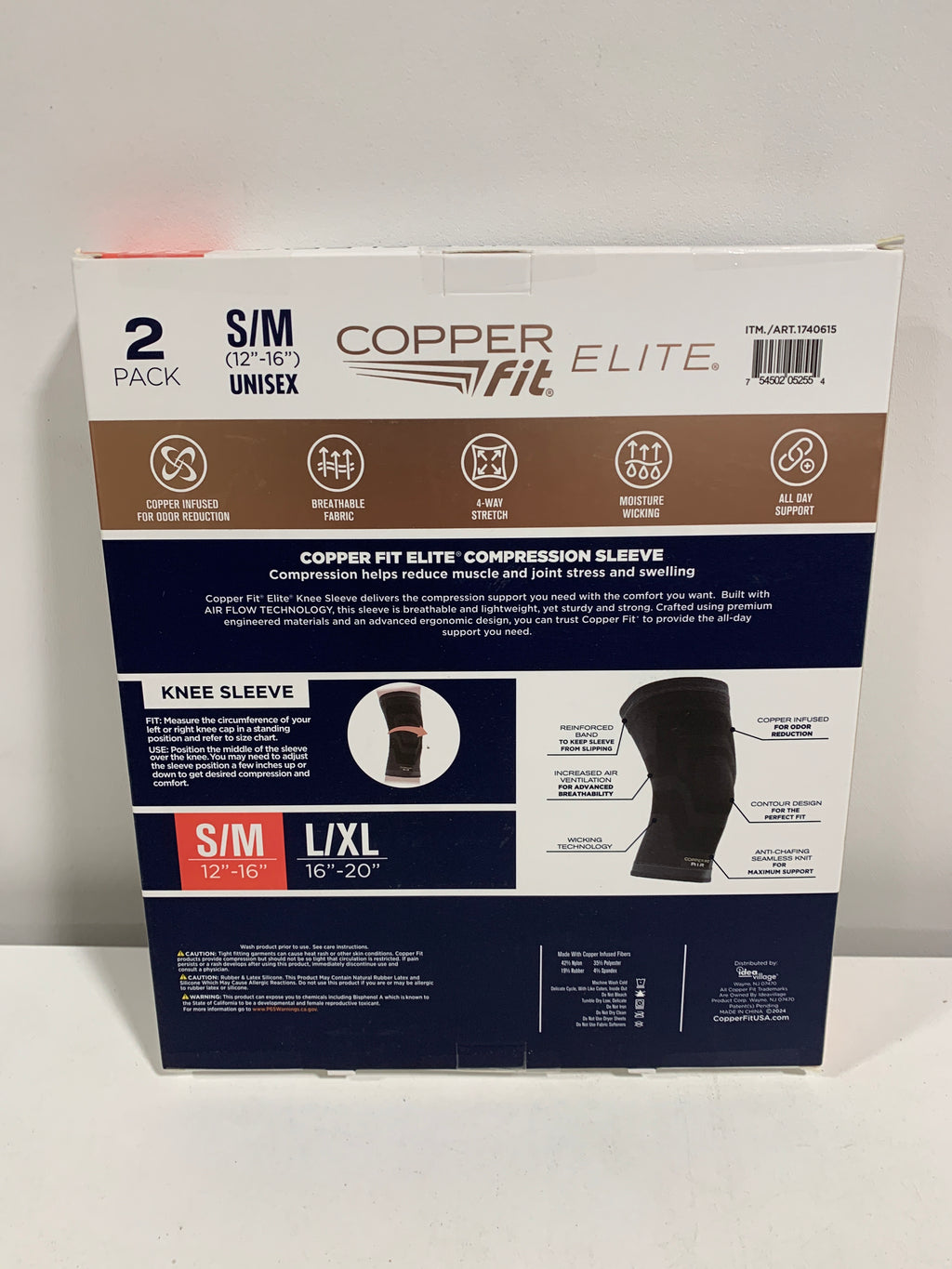 Elite Copper Fit Knee Compression Sleeve Flexible S/M 12"-16" 2 Pack