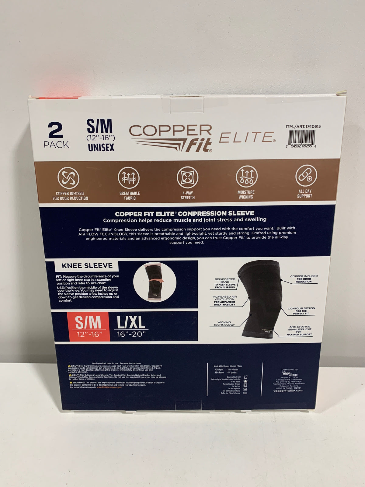 Elite Copper Fit Knee Compression Sleeve Flexible S/M 12"-16" 2 Pack