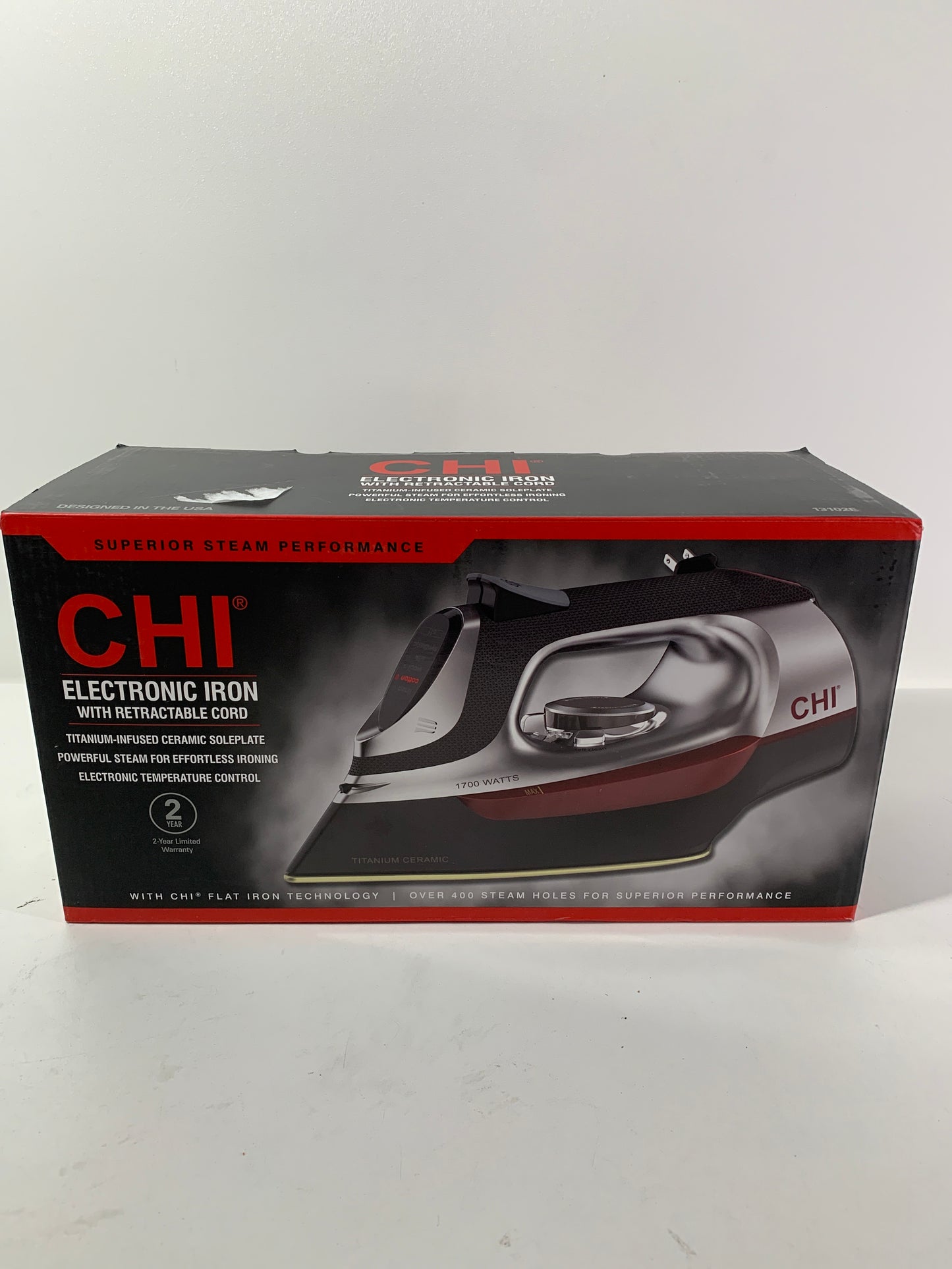 CHI 13102 Steam Iron for Clothes with Titanium Infused Ceramic Soleplate, 1700 Watts, Electronic Temperature Control, 8' Retractable Cord