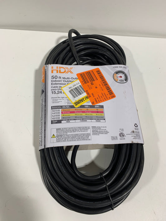 HDX 50 ft. 16/3 Light Duty Indoor/Outdoor Extension Cord with Multiple Outlet Triple Tap End, Black