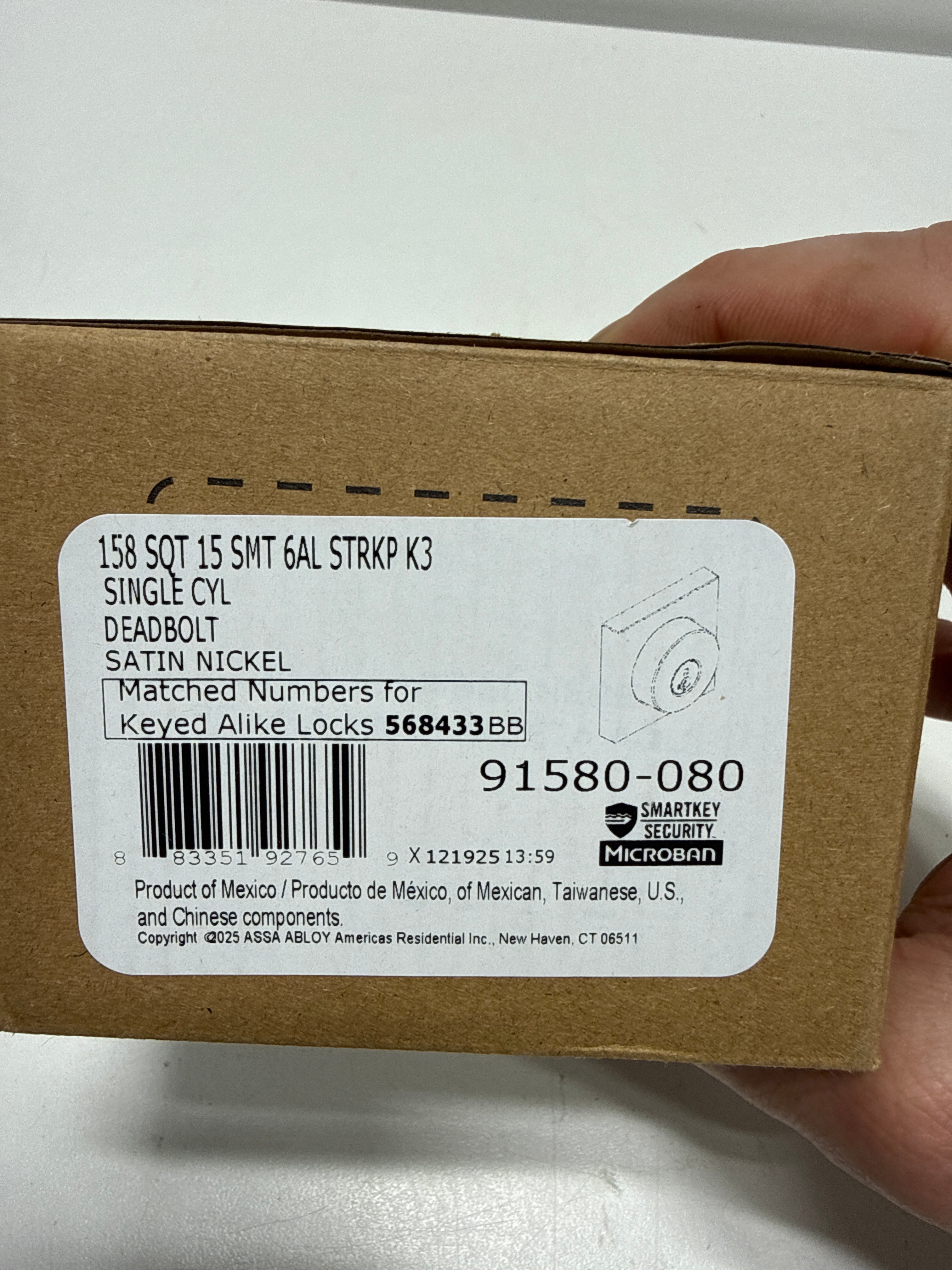 Kwikset 158SQT-15S.STRKP Halifax Square Rose Single Cylinder Deadbolt SmartKey with 6AL Latch and STRKP Strike Pack which includes Square Corner, Round Corner and 5303 Round Corner Full Lip Strikes KA3 Satin Nickel Finish