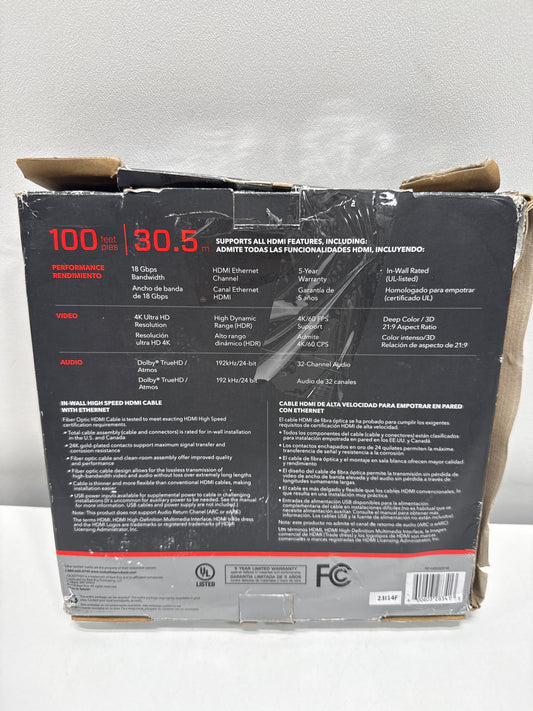 Rocketfish - 100' 4K UltraHD/HDR in-Wall Rated Active Fiber Optical HDMI Cable - Black