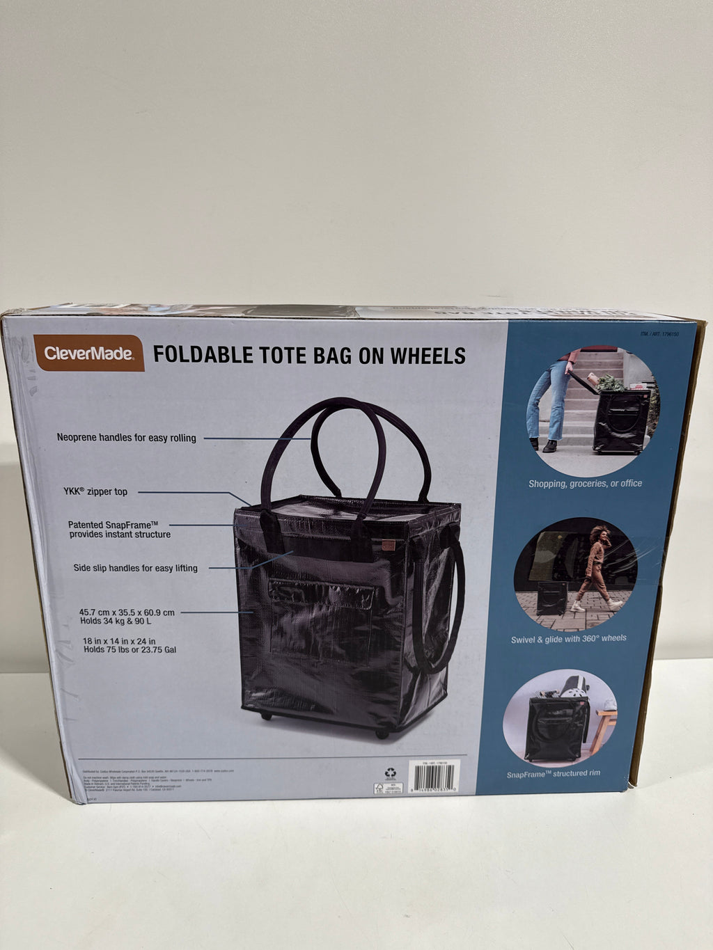CleverMade Foldable Tote Bag on Wheels, 14Lx18Wx24H Soft Grip
