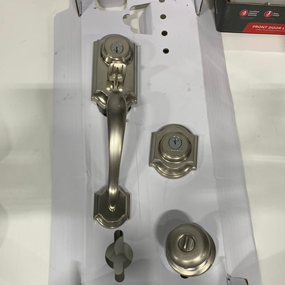 For Parts Kwikset Montara Satin Nickel Single Cylinder Door Handleset with Juno Entry Door Knob Featuring SmartKey Security