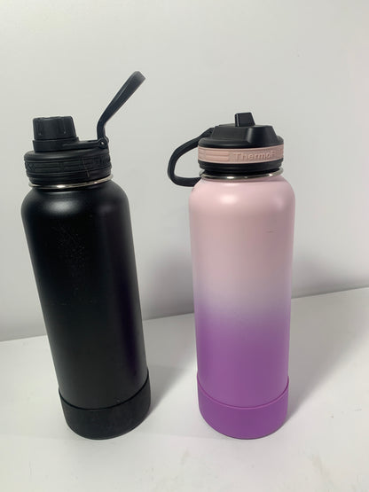 Thermoflask 40oz Stainless Steel Insulated Water Bottles with Straw and Spout Lids, 2-pack, Black/Rose Purple