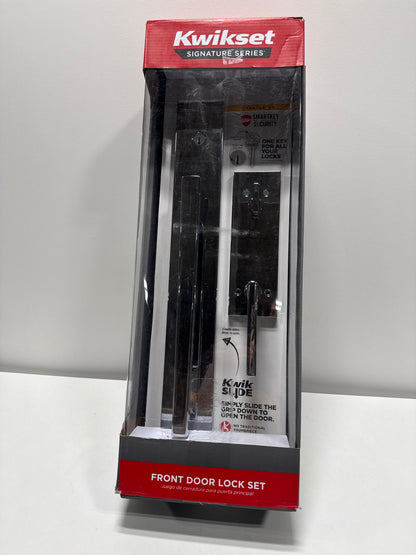 Kwikset Caerus Front Door Lock Handle and Deadbolt Set, Entry Handleset Exterior with Interior Lever, Polished Chrome, SmartKey Re-Key Security, with KwikSlide, Door Handle Backplate Full Escutcheon