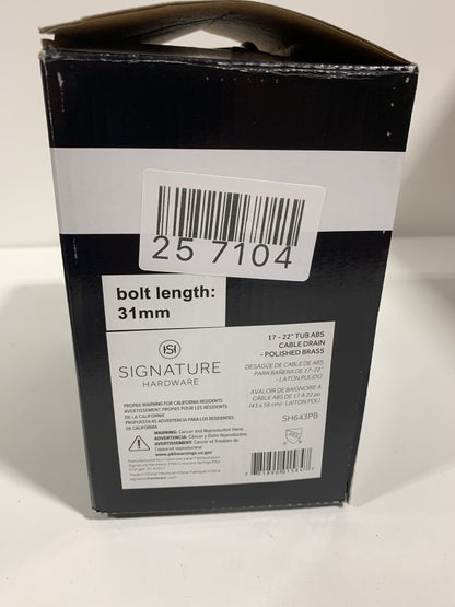 Signature Hardware 948044 ABS Cable Drain and Overflow for 17" - 22" Deep Alcove Tubs Polished Brass