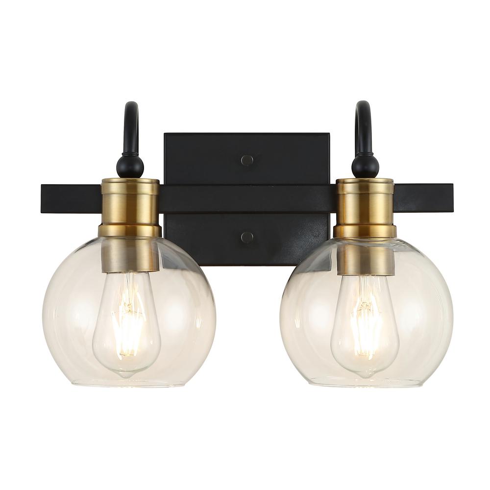 JONATHAN Y Marais 14.5 2-Light Iron/Glass Rustic Vintage LED Vanity Light Black/Brass Gold