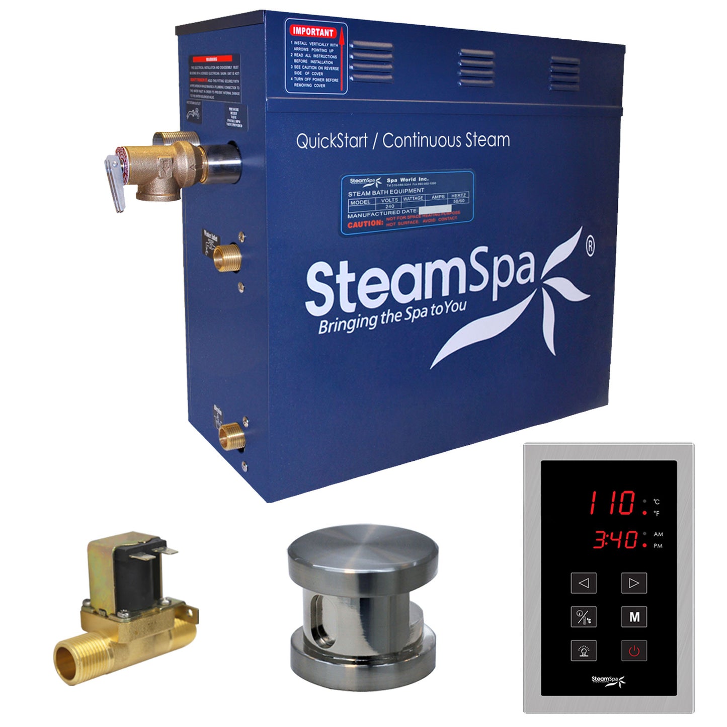 SteamSpa OAT900BN-a 9 KW Oasis QuickStart Acu-Steam Bath Generator Pack with Built-in Auto Drain Brushed Nickel