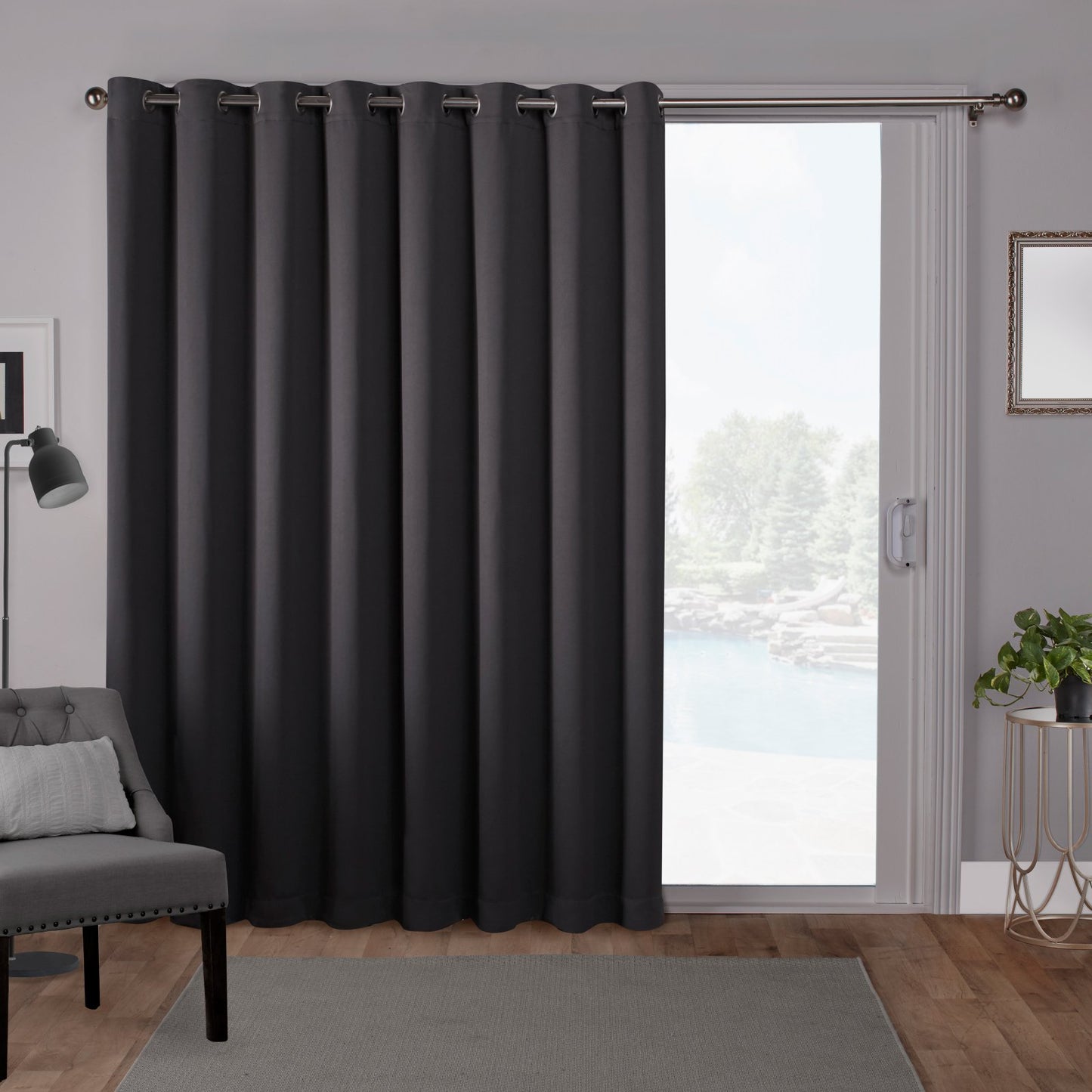 Sateen Patio Charcoal Solid Woven Room Darkening Grommet Top Curtain, 100 in. W X 84 in. L