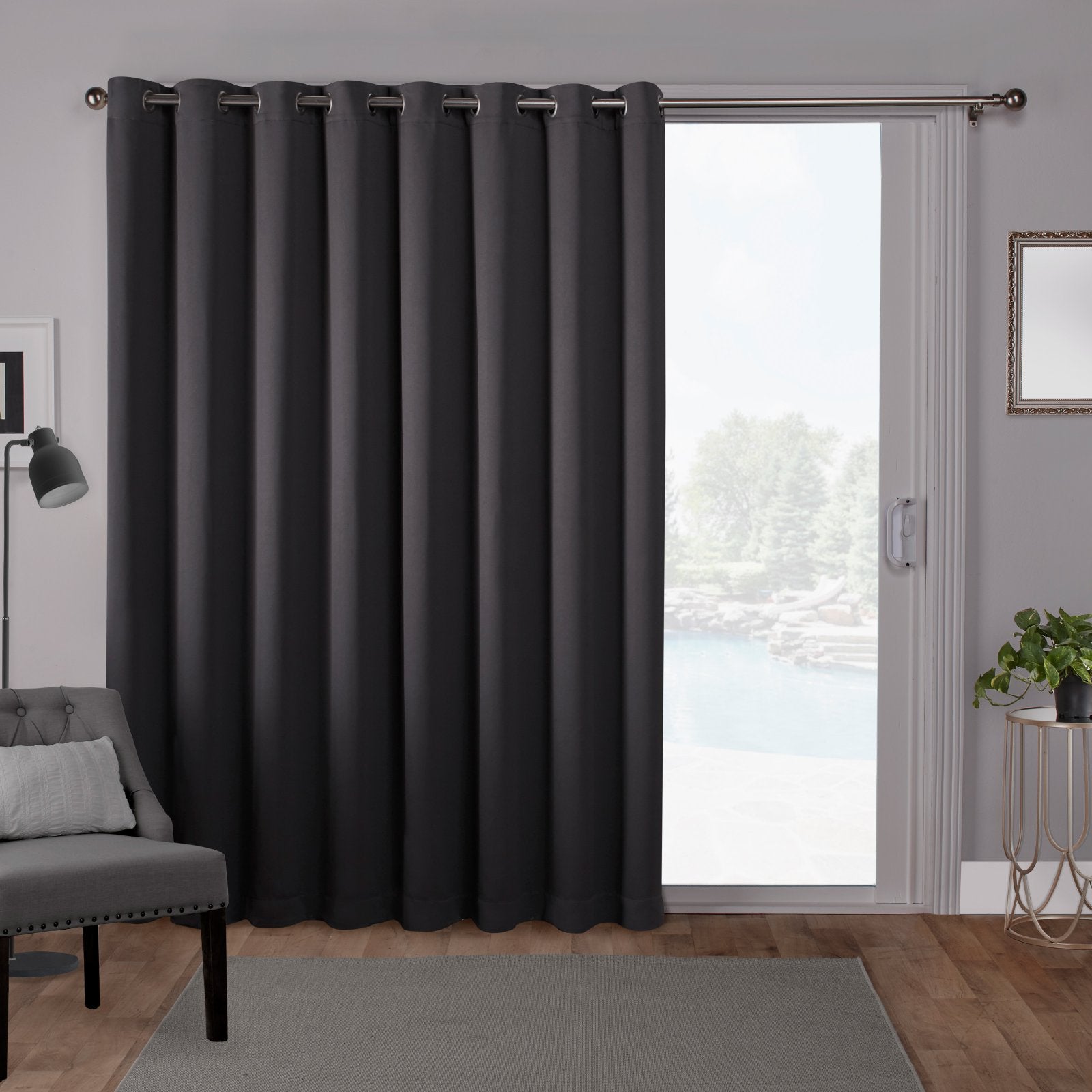 Sateen Patio Charcoal Solid Woven Room Darkening Grommet Top Curtain, 100 in. W X 84 in. L