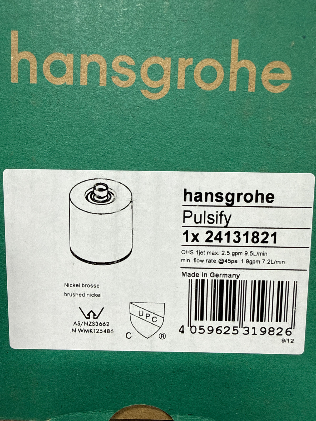 Used Hansgrohe 24131 Pulsify S 2.5 GPM Single Function Rain Shower Head with QuickClean Technology Brushed Nickel