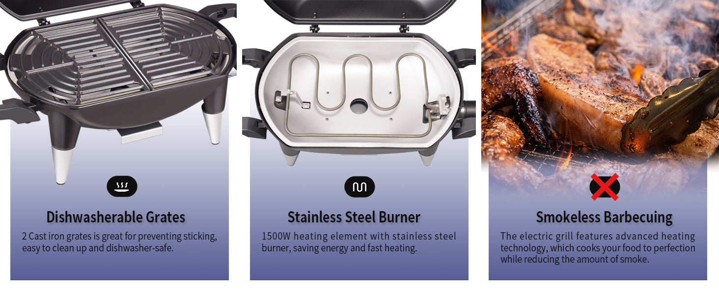 Vanston Outdoor Electric Barbecue Grill & Smoker Black - Great Small Spaces such as Patios Balconies and Decks 1500W