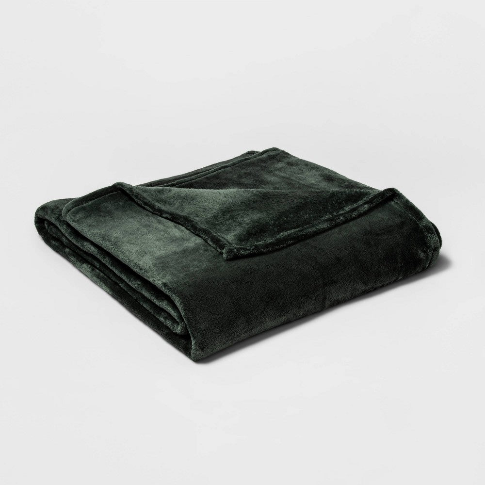 Full/Queen Microplush Bed Blanket Pine - Threshold™: Solid Green Midweight Modern Decor Double-Turned Hems - *Bedding